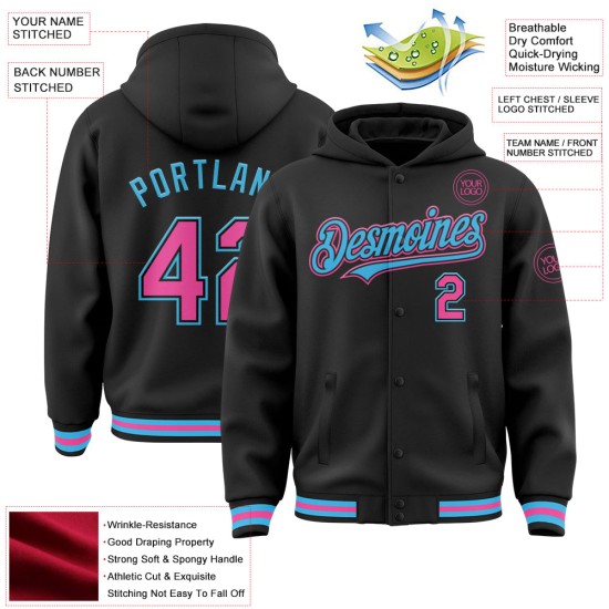 Custom Black Pink-Sky Blue Bomber Full-Snap Varsity Letterman Hoodie Jacket Custom Black Pink-Sky Blue Bomber Full-Snap Varsity Letterman Hoodie Jacket