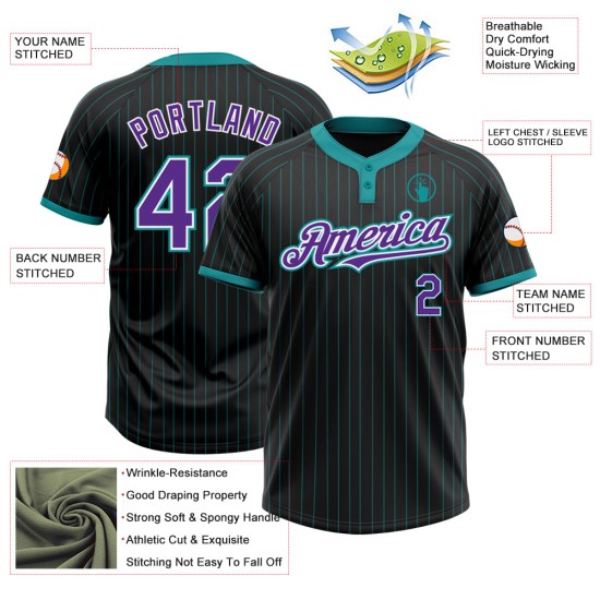 Custom Black Teal Pinstripe Purple-White Two-Button Unisex Jersey Custom Black Teal Pinstripe Purple-White Two-Button Unisex Jersey