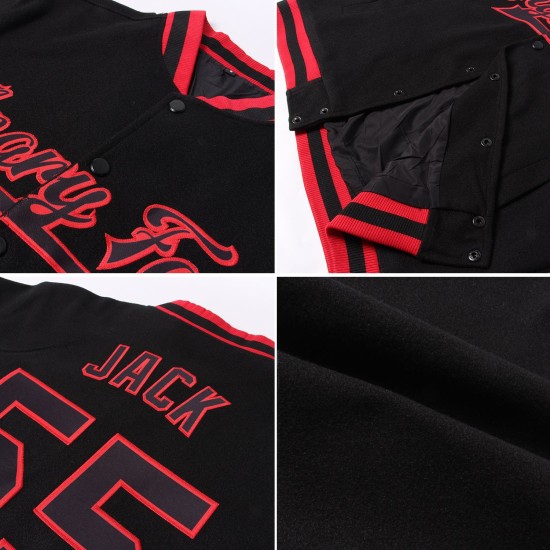 Custom Black Red-White Bomber Full-Snap Varsity Letterman Two Tone Jacket Custom Black Red-White Bomber Full-Snap Varsity Letterman Two Tone Jacket