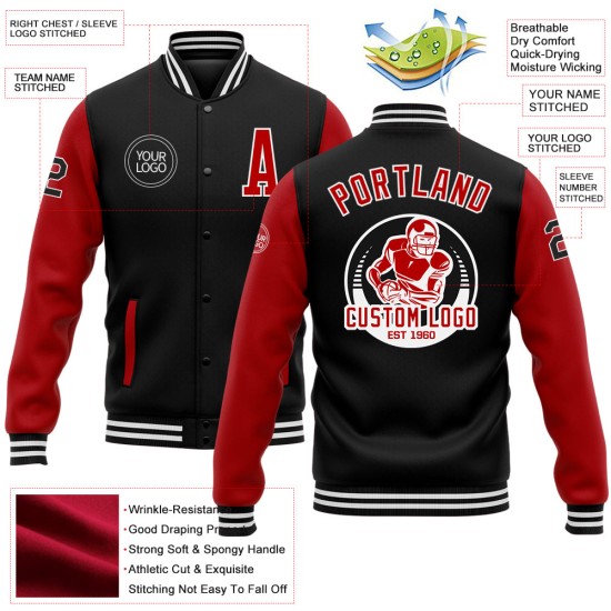 Custom Black Red-White Bomber Full-Snap Varsity Letterman Two Tone Jacket Custom Black Red-White Bomber Full-Snap Varsity Letterman Two Tone Jacket