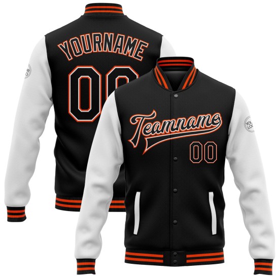 Custom Black White-Orange Bomber Full-Snap Varsity Letterman Two Tone Jacket Custom Black White-Orange Bomber Full-Snap Varsity Letterman Two Tone Jacket