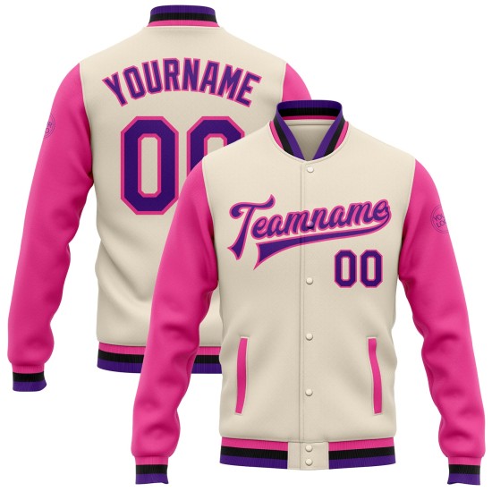 Custom Cream Aqua Purple Pink-Black Bomber Full-Snap Varsity Letterman Two Tone Jacket Custom Cream Aqua Purple Pink-Black Bomber Full-Snap Varsity Letterman Two Tone Jacket