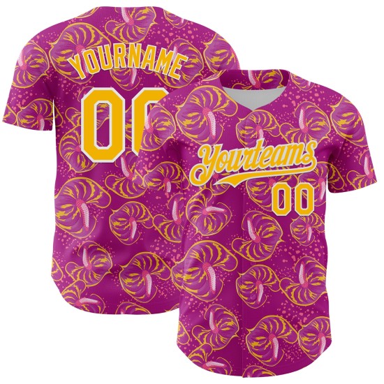 Custom Deep Pink Gold-White 3D Pattern Design Tropical Anthurium Flower Authentic rugby Jersey Custom Deep Pink Gold-White 3D Pattern Design Tropical Anthurium Flower Authentic rugby Jersey