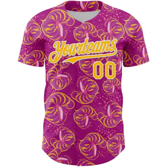 Custom Deep Pink Gold-White 3D Pattern Design Tropical Anthurium Flower Authentic rugby Jersey Custom Deep Pink Gold-White 3D Pattern Design Tropical Anthurium Flower Authentic rugby Jersey