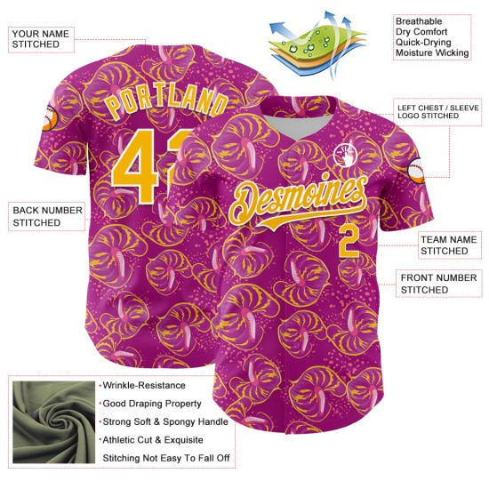 Custom Deep Pink Gold-White 3D Pattern Design Tropical Anthurium Flower Authentic rugby Jersey Custom Deep Pink Gold-White 3D Pattern Design Tropical Anthurium Flower Authentic rugby Jersey