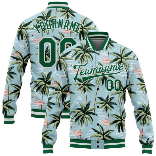Custom Lakes Blue Kelly Green-White Flamingo And Tropical Hawaii Palm Tree 3D Bomber Full-Snap Varsity Letterman Jacket Custom Lakes Blue Kelly Green-White Flamingo And Tropical Hawaii Palm Tree 3D Bomber Full-Snap Varsity Letterman Jacket