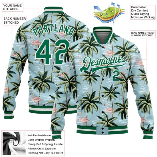 Custom Lakes Blue Kelly Green-White Flamingo And Tropical Hawaii Palm Tree 3D Bomber Full-Snap Varsity Letterman Jacket Custom Lakes Blue Kelly Green-White Flamingo And Tropical Hawaii Palm Tree 3D Bomber Full-Snap Varsity Letterman Jacket