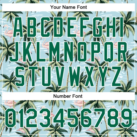 Custom Lakes Blue Kelly Green-White Flamingo And Tropical Hawaii Palm Tree 3D Bomber Full-Snap Varsity Letterman Jacket Custom Lakes Blue Kelly Green-White Flamingo And Tropical Hawaii Palm Tree 3D Bomber Full-Snap Varsity Letterman Jacket