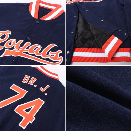 Custom Navy Orange-White Bomber Full-Snap Varsity Letterman Jacket Custom Navy Orange-White Bomber Full-Snap Varsity Letterman Jacket