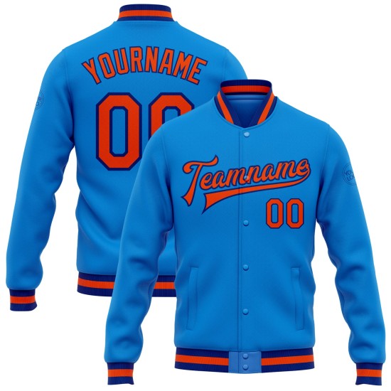 Custom Powder Blue Orange-Royal Bomber Full-Snap Varsity Letterman Jacket Custom Powder Blue Orange-Royal Bomber Full-Snap Varsity Letterman Jacket