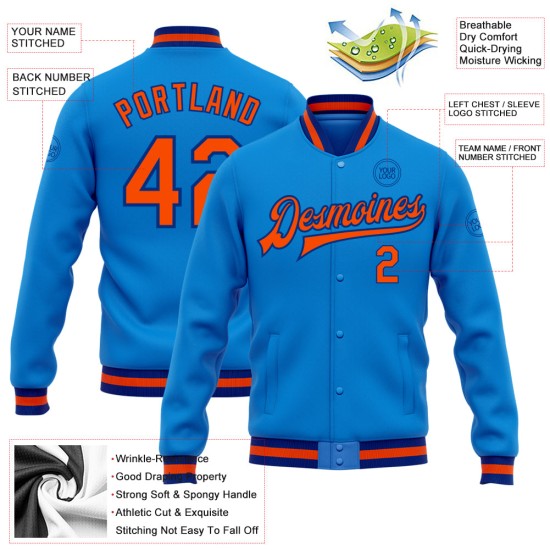 Custom Powder Blue Orange-Royal Bomber Full-Snap Varsity Letterman Jacket Custom Powder Blue Orange-Royal Bomber Full-Snap Varsity Letterman Jacket