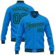 Custom Powder Blue Teal-Black Bomber Full-Snap Varsity Letterman Jacket Custom Powder Blue Teal-Black Bomber Full-Snap Varsity Letterman Jacket