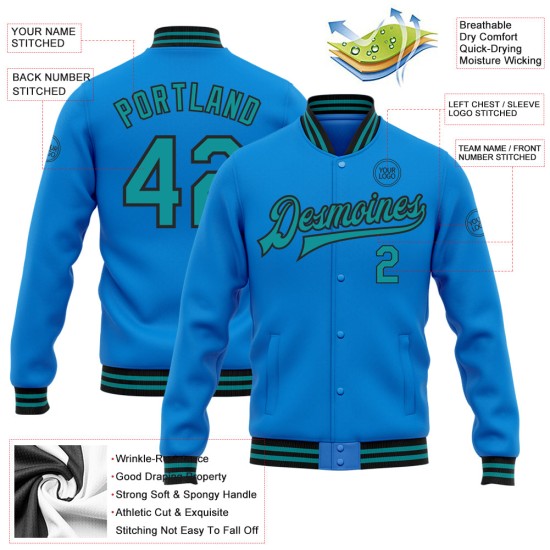 Custom Powder Blue Teal-Black Bomber Full-Snap Varsity Letterman Jacket Custom Powder Blue Teal-Black Bomber Full-Snap Varsity Letterman Jacket