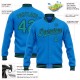 Custom Powder Blue Teal-Black Bomber Full-Snap Varsity Letterman Jacket Custom Powder Blue Teal-Black Bomber Full-Snap Varsity Letterman Jacket
