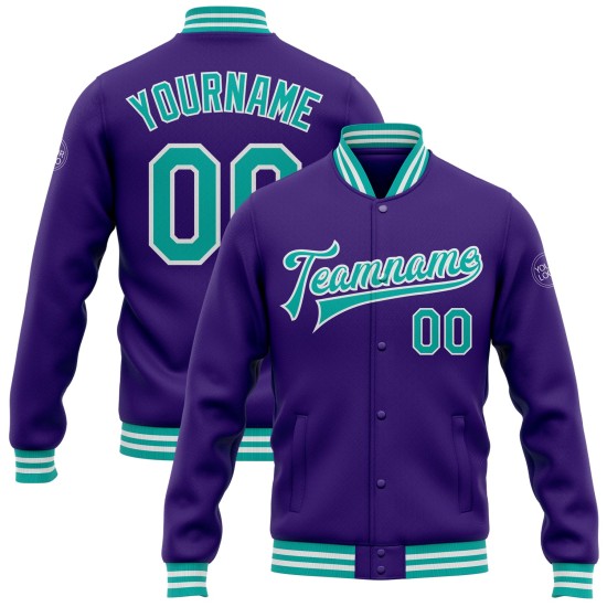 Custom Purple Aqua-White Bomber Full-Snap Varsity Letterman Jacket Custom Purple Aqua-White Bomber Full-Snap Varsity Letterman Jacket