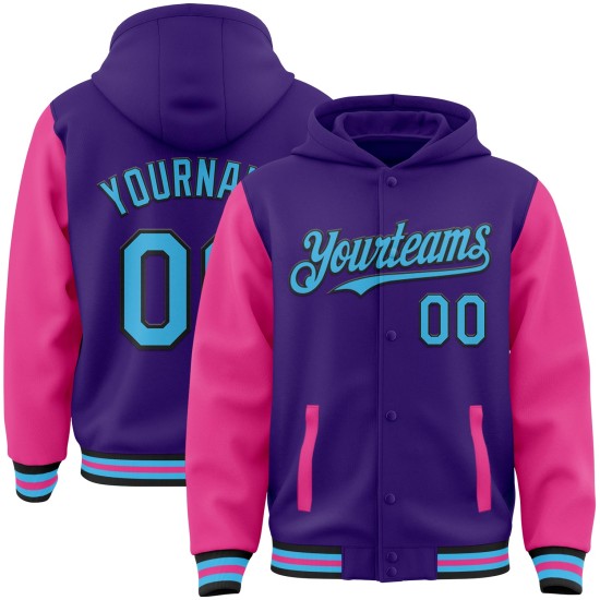 Custom Purple Sky Blue Pink-Black Bomber Full-Snap Varsity Letterman Two Tone Hoodie Jacket Custom Purple Sky Blue Pink-Black Bomber Full-Snap Varsity Letterman Two Tone Hoodie Jacket