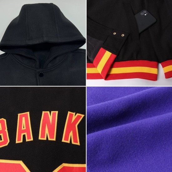 Custom Purple Sky Blue Pink-Black Bomber Full-Snap Varsity Letterman Two Tone Hoodie Jacket Custom Purple Sky Blue Pink-Black Bomber Full-Snap Varsity Letterman Two Tone Hoodie Jacket