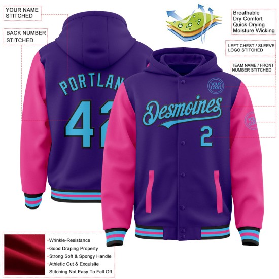 Custom Purple Sky Blue Pink-Black Bomber Full-Snap Varsity Letterman Two Tone Hoodie Jacket Custom Purple Sky Blue Pink-Black Bomber Full-Snap Varsity Letterman Two Tone Hoodie Jacket