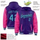 Custom Purple Sky Blue Pink-Black Bomber Full-Snap Varsity Letterman Two Tone Hoodie Jacket Custom Purple Sky Blue Pink-Black Bomber Full-Snap Varsity Letterman Two Tone Hoodie Jacket