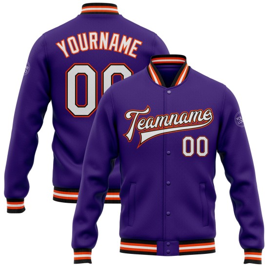 Custom Purple White Black-Orange Bomber Full-Snap Varsity Letterman Jacket Custom Purple White Black-Orange Bomber Full-Snap Varsity Letterman Jacket