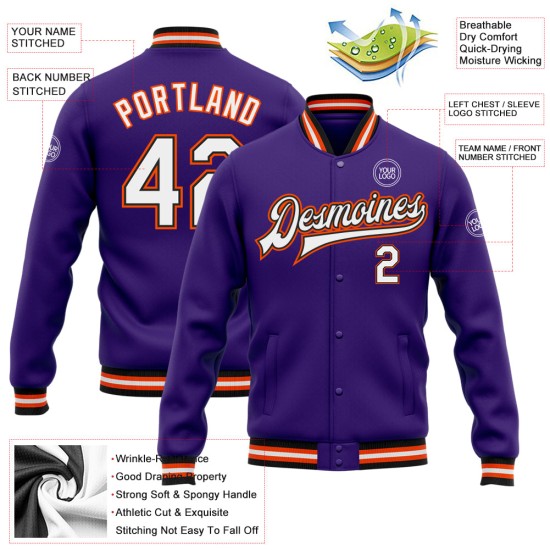Custom Purple White Black-Orange Bomber Full-Snap Varsity Letterman Jacket Custom Purple White Black-Orange Bomber Full-Snap Varsity Letterman Jacket