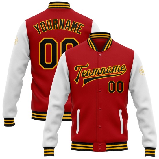 Custom Red Black-Gold Bomber Full-Snap Varsity Letterman Two Tone Jacket Custom Red Black-Gold Bomber Full-Snap Varsity Letterman Two Tone Jacket