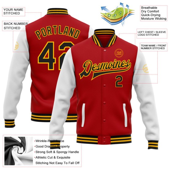 Custom Red Black-Gold Bomber Full-Snap Varsity Letterman Two Tone Jacket Custom Red Black-Gold Bomber Full-Snap Varsity Letterman Two Tone Jacket