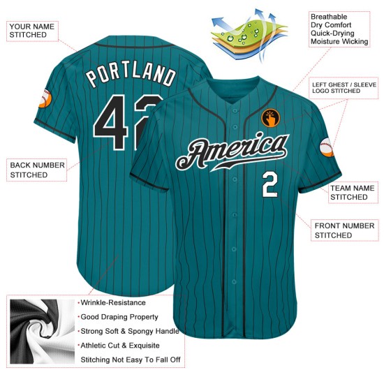 Custom Teal Black Pinstripe Black-White Authentic rugby Jersey Custom Teal Black Pinstripe Black-White Authentic rugby Jersey