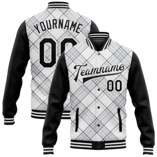 Custom White Black Check Board 3D Pattern Design Bomber Full-Snap Varsity Letterman Jacket Custom White Black Check Board 3D Pattern Design Bomber Full-Snap Varsity Letterman Jacket