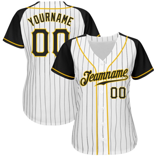 Custom White Black Pinstripe Black-Gold Authentic Raglan Sleeves rugby Jersey Custom White Black Pinstripe Black-Gold Authentic Raglan Sleeves rugby Jersey