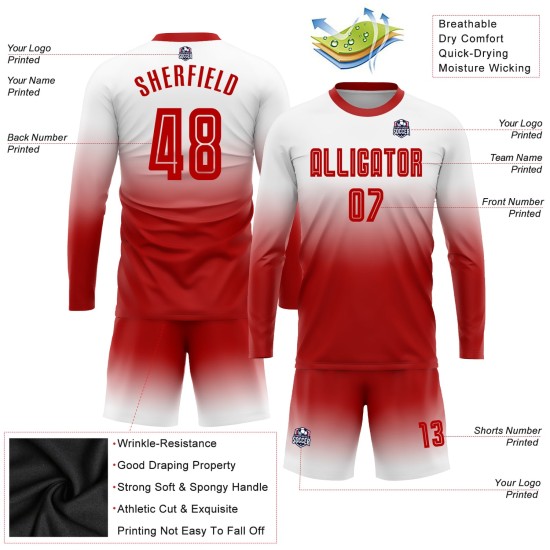Custom White Red Sublimation Long Sleeve Fade Fashion Uniform Jersey Custom White Red Sublimation Long Sleeve Fade Fashion Uniform Jersey