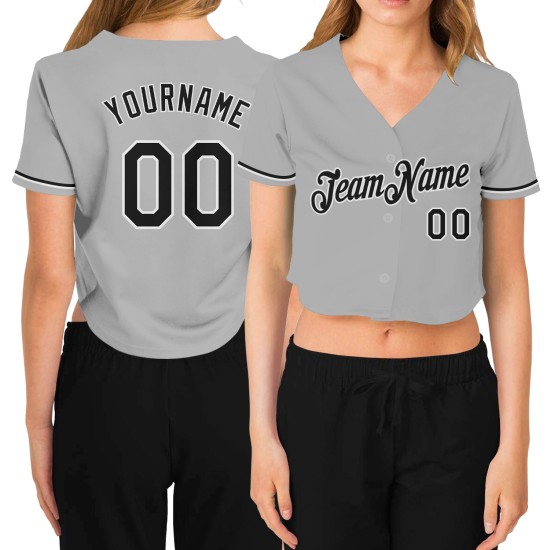 Custom Women’s Gray Black-White V-Neck Cropped rugby Jersey