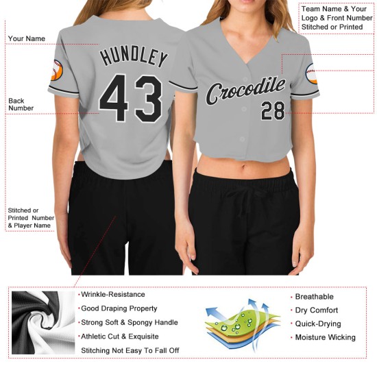 Custom Women’s Gray Black-White V-Neck Cropped rugby Jersey