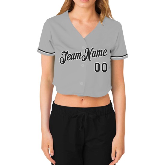 Custom Women’s Gray Black-White V-Neck Cropped rugby Jersey