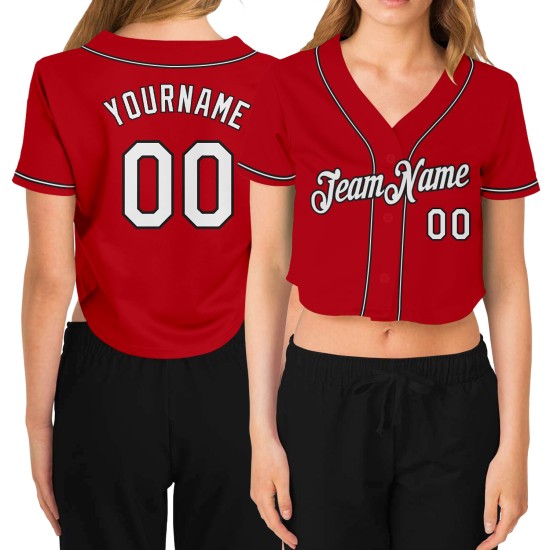 Custom Women’s Red White-Black V-Neck Cropped rugby Jersey