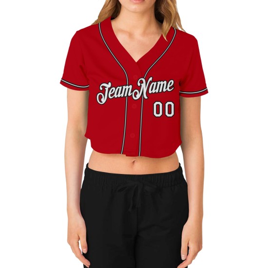 Custom Women’s Red White-Black V-Neck Cropped rugby Jersey