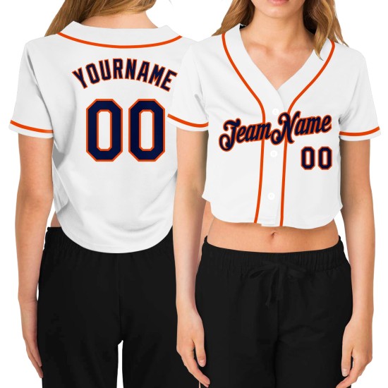 Custom Women’s White Navy-Orange V-Neck Cropped rugby Jersey