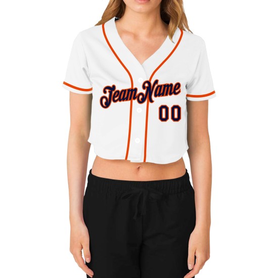 Custom Women’s White Navy-Orange V-Neck Cropped rugby Jersey