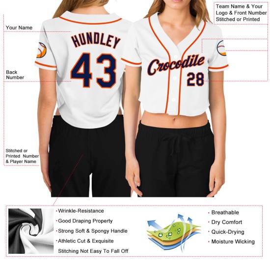 Custom Women’s White Navy-Orange V-Neck Cropped rugby Jersey